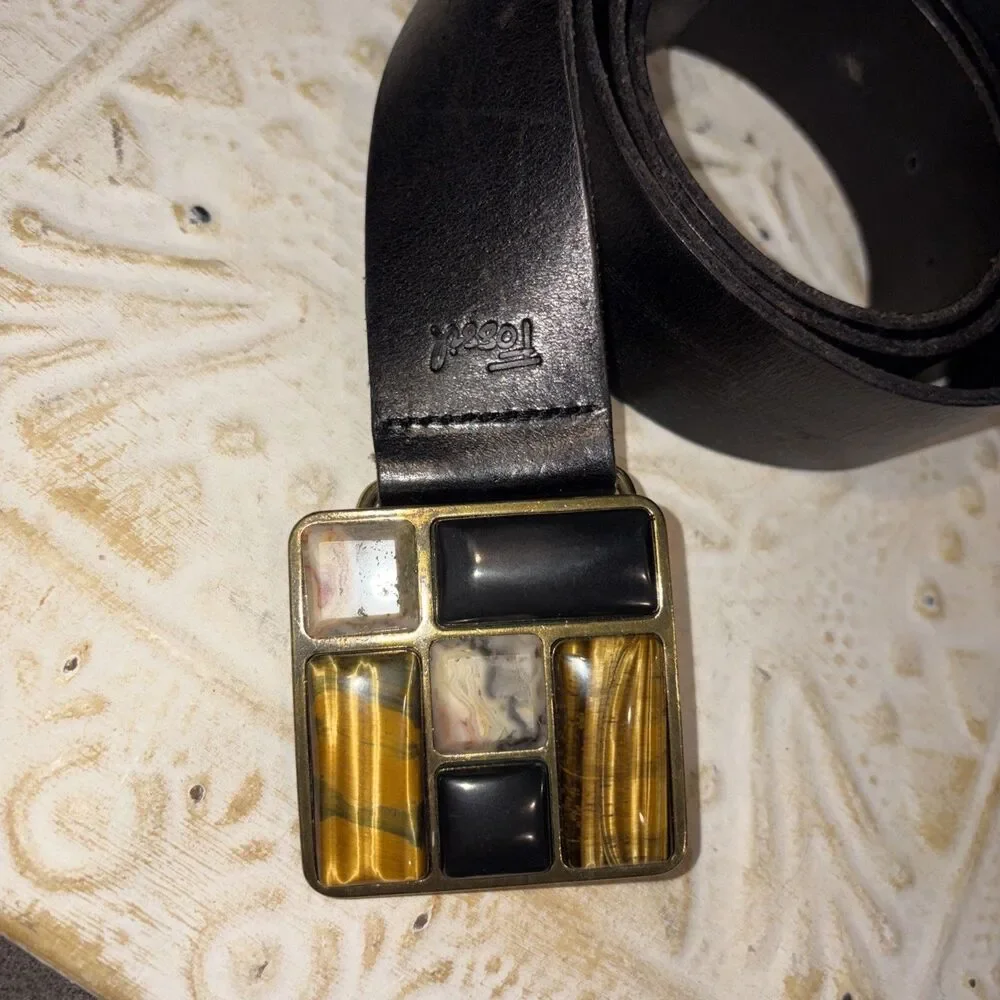 Fossil Leather Belt Gem Belt Buckle